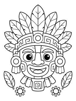 Free printable Smiling Aztec Mask With Feathers coloring page