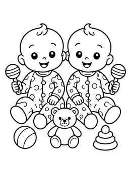 Free printable Smiling Baby Twins With Toys coloring page