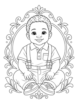A cheerful toddler sitting upright inside an ornate oval border on this baby coloring page.