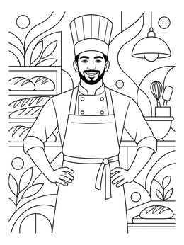 Free printable Smiling Baker In Modern Bakery coloring page