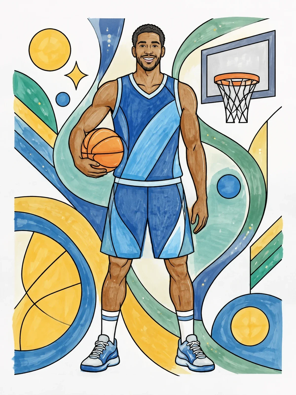 Colored example of the Smiling Basketball Player With Ball coloring page