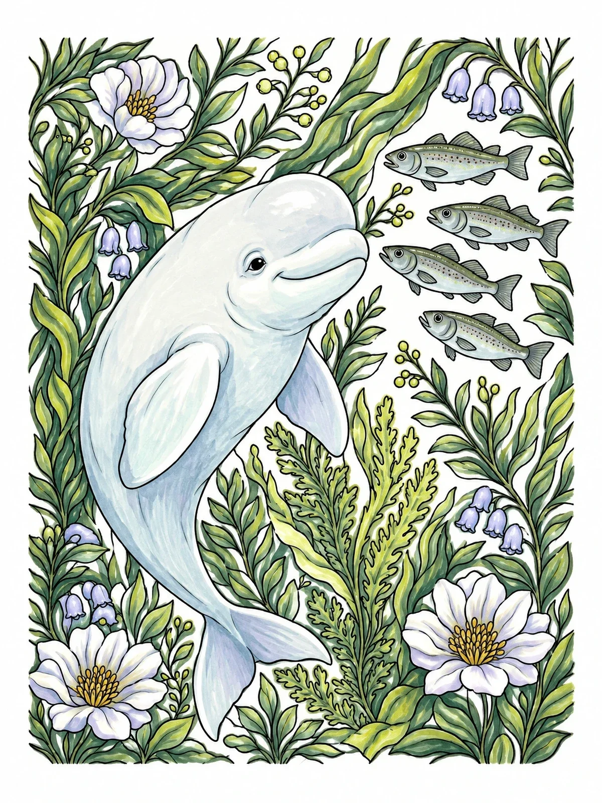 Colored example of the Smiling Beluga Whale With Arctic Cod coloring page