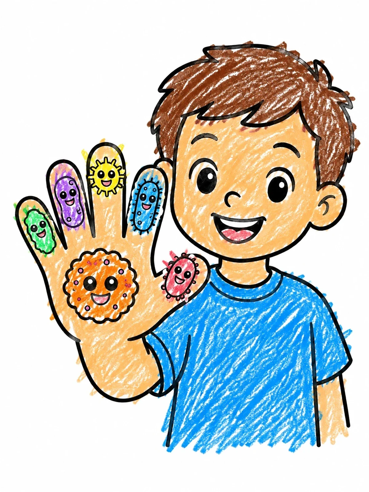 Colored example of the Happy Boy With Microbes On His Hand coloring page
