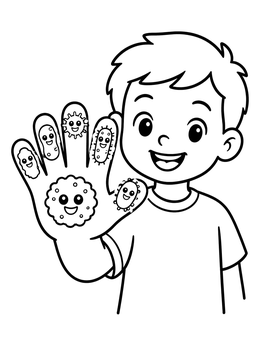 Free printable Happy Boy With Microbes On His Hand coloring page