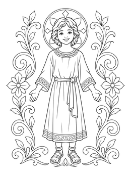 A serene jesus as a boy coloring page framed by decorative floral vines.