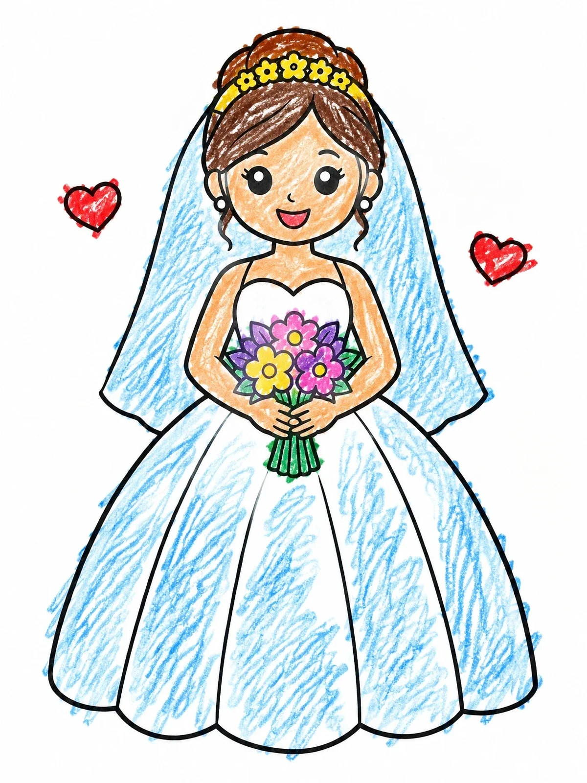Colored example of the Smiling Bride With Flower Bouquet coloring page