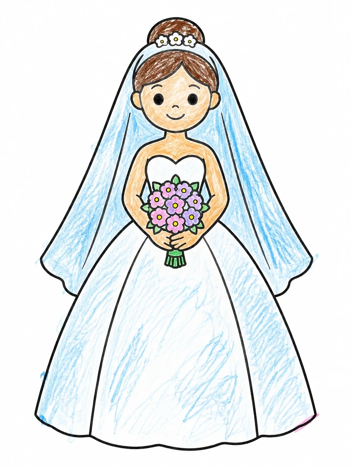 Colored example of the Smiling Bride With Flower Bouquet coloring page