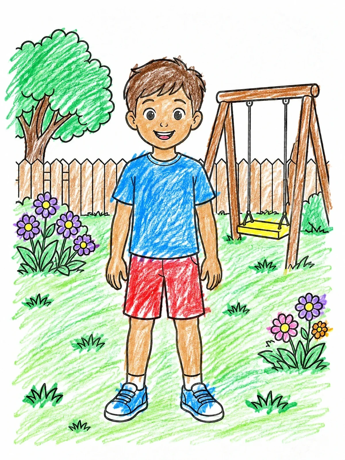 Colored example of the Smiling Boy In The Backyard coloring page