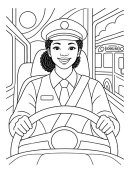 A friendly driver smiles from behind the wheel in this bus driver coloring page.