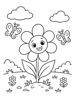 Free printable Smiling Cartoon Flower With Butterflies coloring page