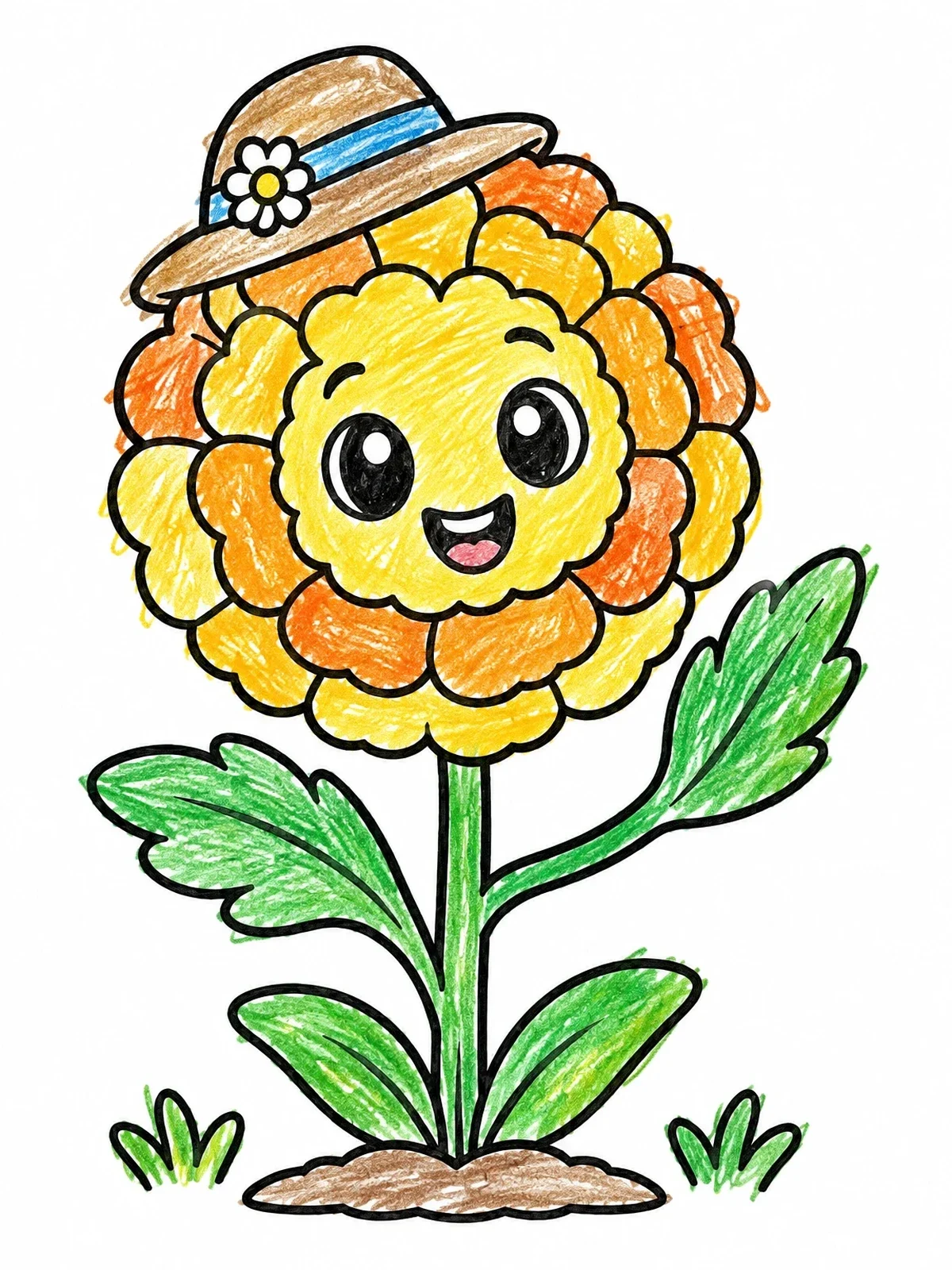 Colored example of the Smiling Cartoon Marigold In A Sun Hat coloring page