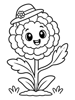 Free printable Smiling Cartoon Marigold In A Sun Hat coloring page
