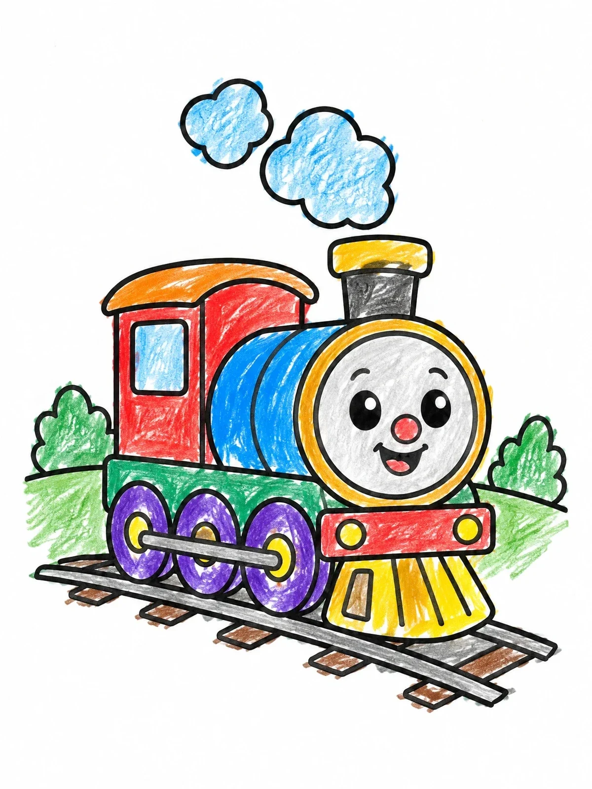 Colored example of the Smiling Cartoon Steam Train On Tracks coloring page