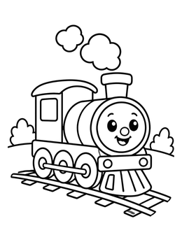 Free printable Smiling Cartoon Steam Train On Tracks coloring page