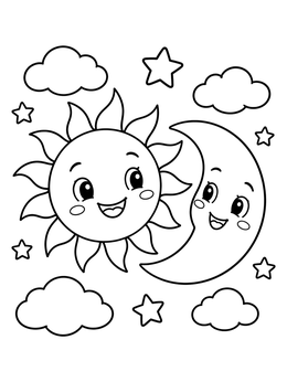 A cheerful sun and moon coloring page with smiling faces, surrounded by clouds and stars.
