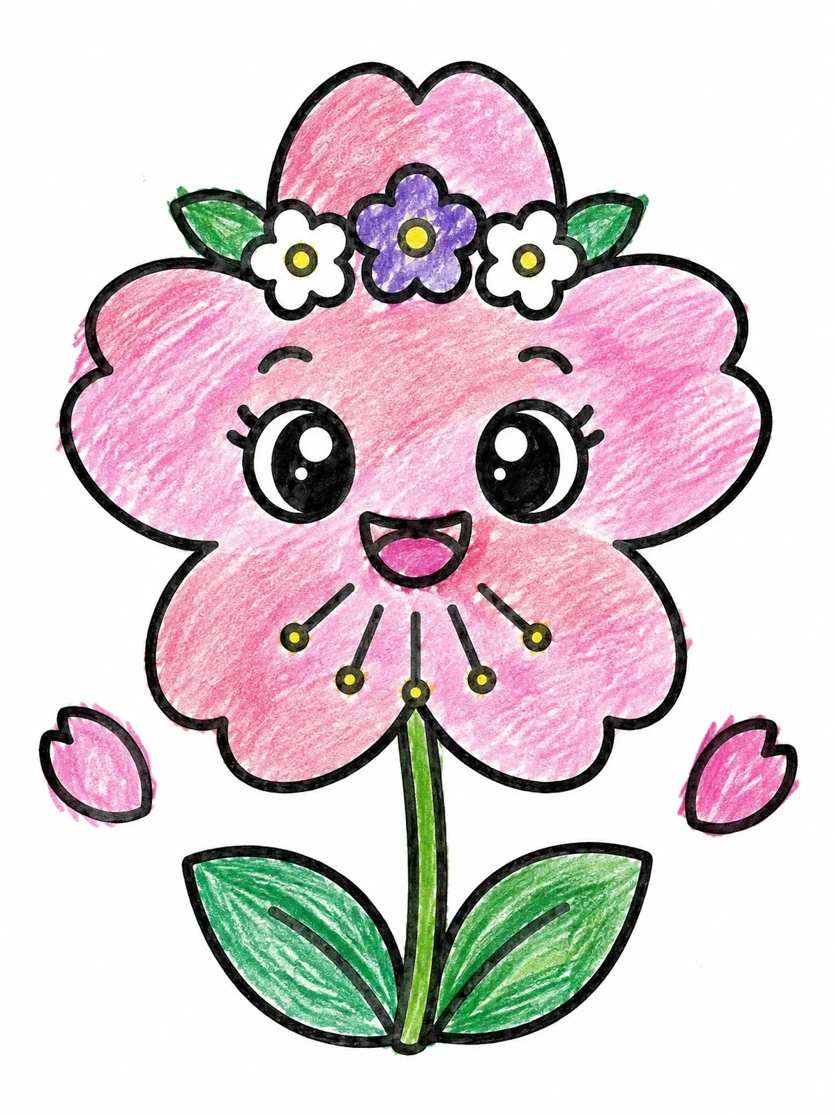 Colored example of the Smiling Cherry Blossom With Flower Crown coloring page