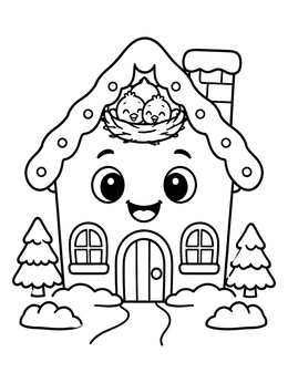 A smiling gingerbread christmas house coloring page with baby birds nesting under snowy eaves.