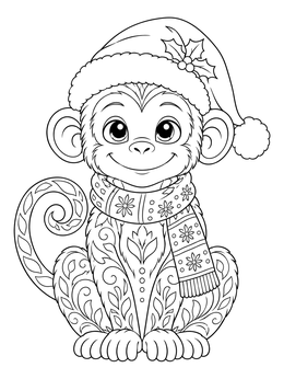 A cheerful christmas monkey coloring page with Santa hat and winter scarf.