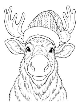 A friendly christmas moose coloring page portrait wearing a warm knitted Santa hat.