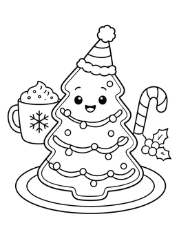 Free printable Smiling Christmas Tree Cookie With Cocoa coloring page