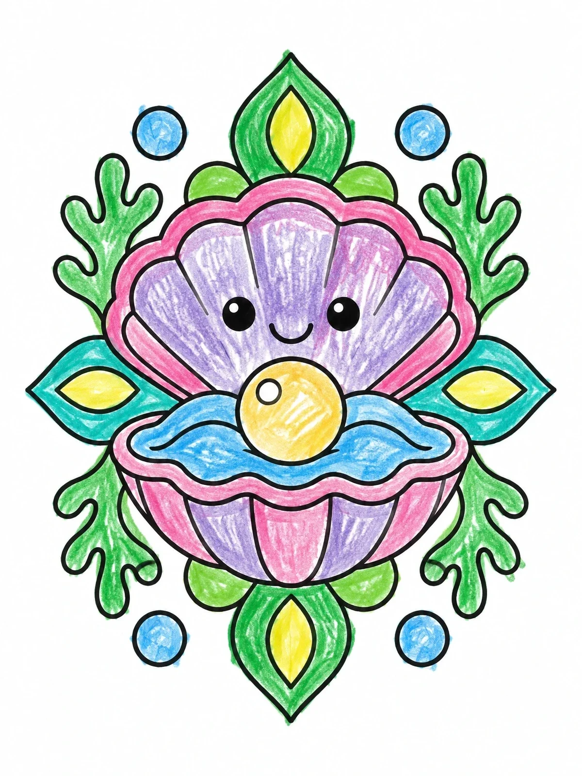 Colored example of the Smiling Clam With Shiny Pearl coloring page