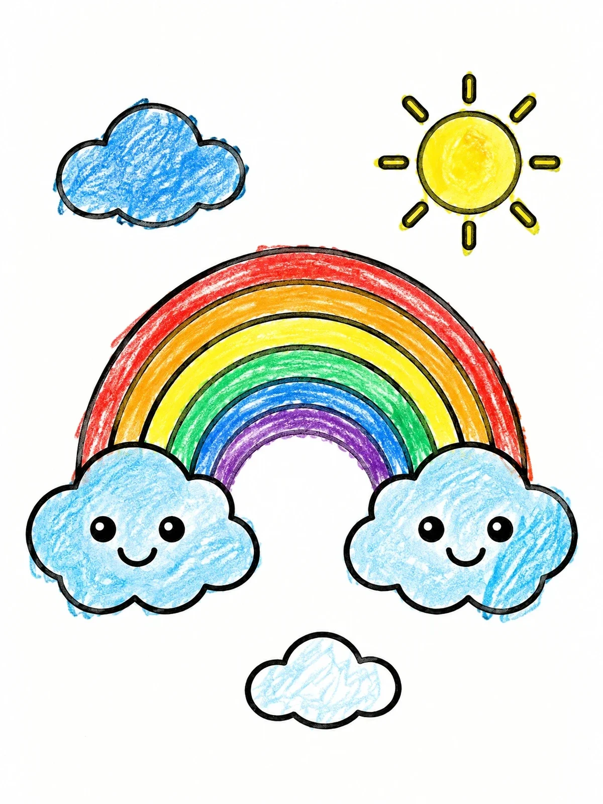Colored example of the Smiling Clouds With Rainbow And Sun coloring page