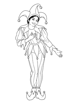 A smiling young woman in this detailed jester coloring page wearing a traditional jester costume.