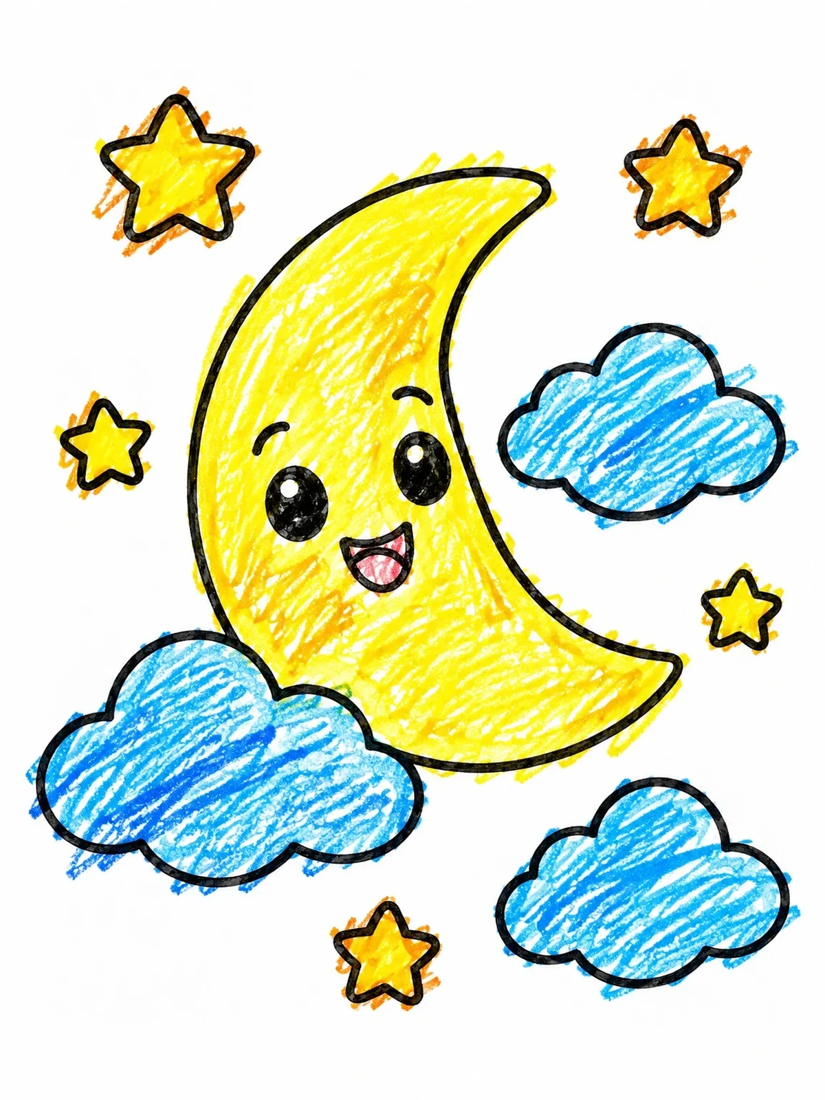 Colored example of the Smiling Crescent Moon And Stars coloring page