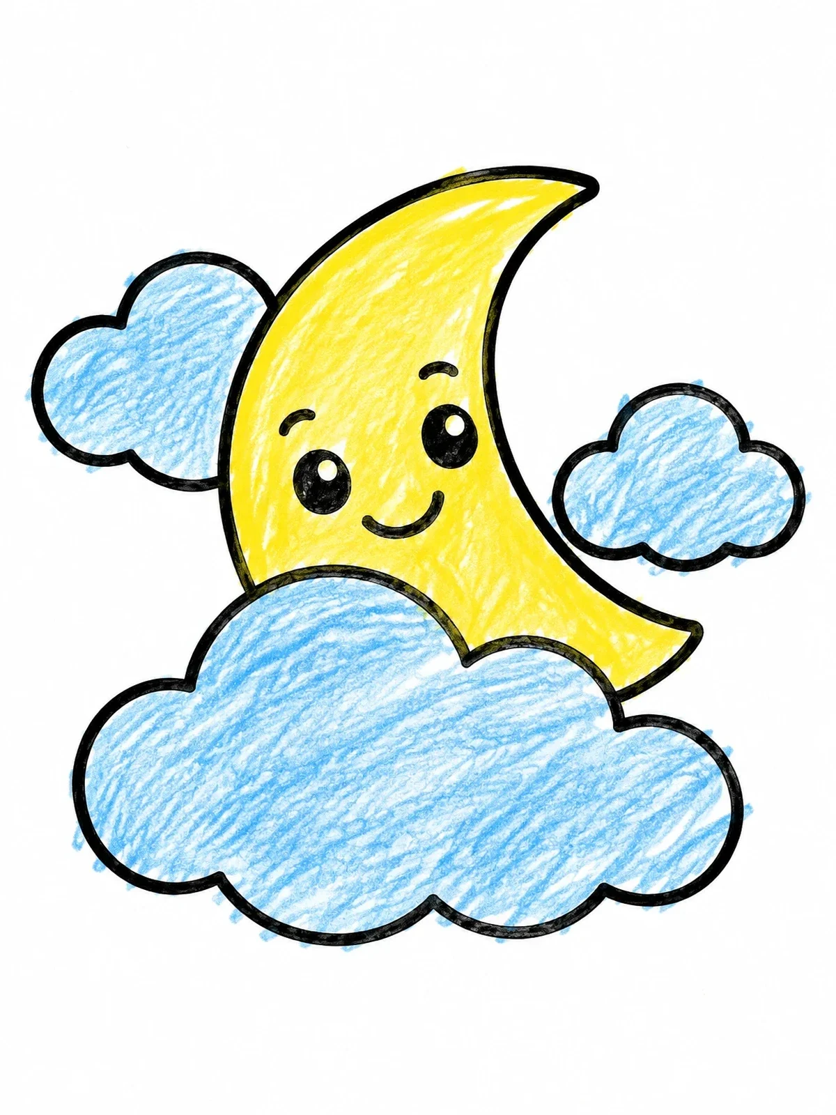 Colored example of the Smiling Crescent Moon In The Clouds coloring page