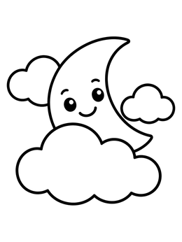 Free printable Smiling Crescent Moon In The Clouds coloring page