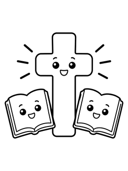 Free printable Smiling Cross With Open Bibles coloring page