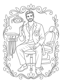 A friendly dentist coloring page featuring a doctor seated by the exam chair holding a mouth mirror.