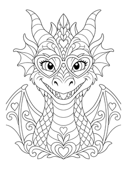 A smiling dragon valentine coloring page wearing heart glasses with detailed scales and wings.