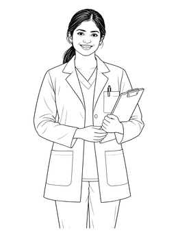 A friendly pharmacist coloring page featuring a smiling woman in a lab coat with a clipboard.