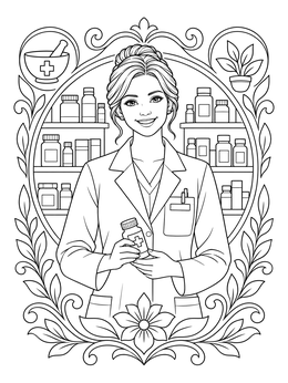 A friendly pharmacist coloring page featuring a smiling woman holding a medicine bottle surrounded by shelves.