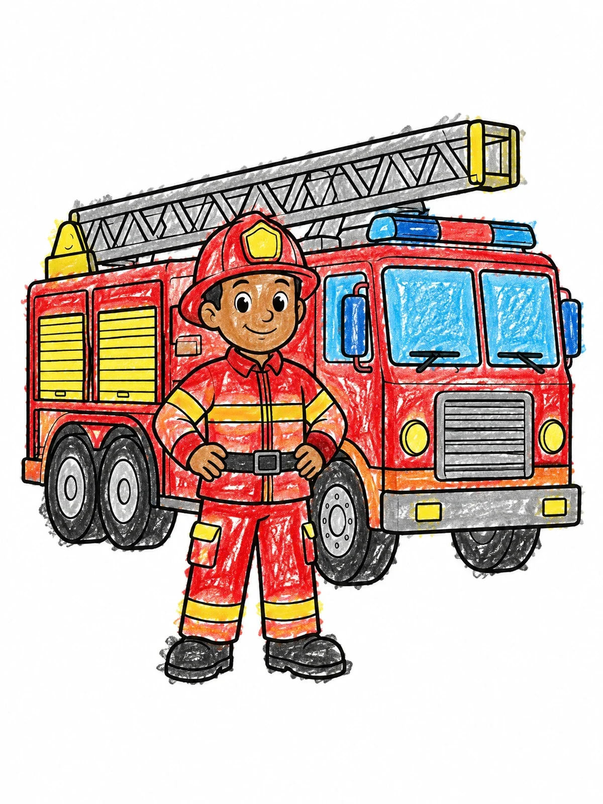 Colored example of the Smiling Firefighter By The Fire Engine coloring page