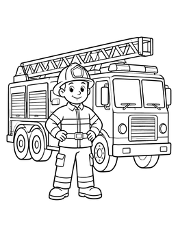 Free printable Smiling Firefighter By The Fire Engine coloring page