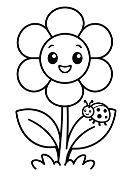 A happy flower coloring page featuring a smiling bloom and a tiny ladybug on its leaf.