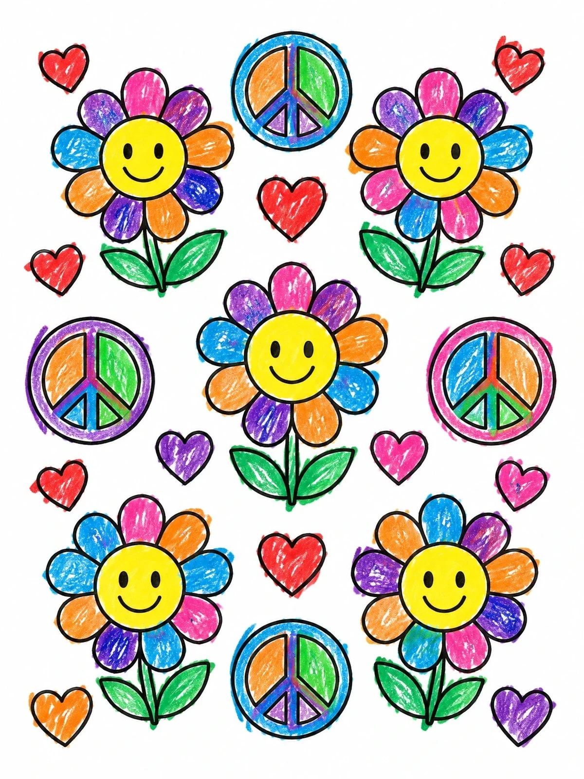 Colored example of the Smiling Flowers And Peace Signs coloring page