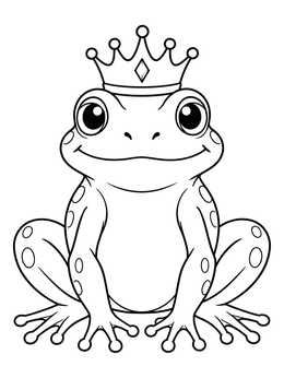 A cheerful frog coloring page featuring a sitting frog prince wearing a small royal crown.
