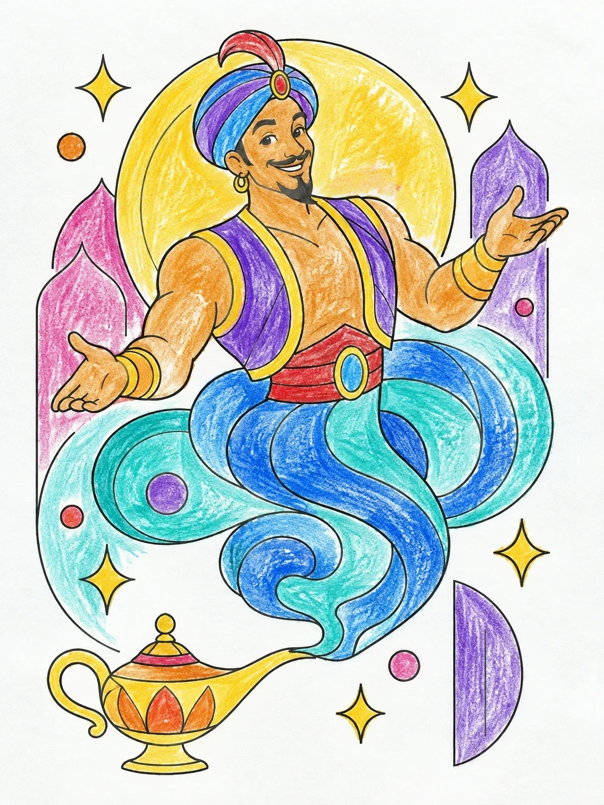Colored example of the Smiling Genie Rising From Magic Lamp coloring page