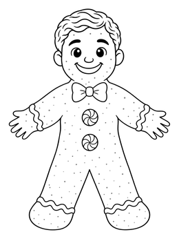 Gingerbread coloring page featuring a cheerful gingerbread boy with a bow tie and candy buttons.
