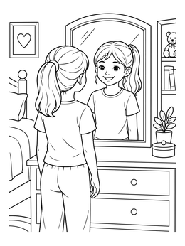 A young girl smiling at her reflection in this bedroom mirror coloring page.