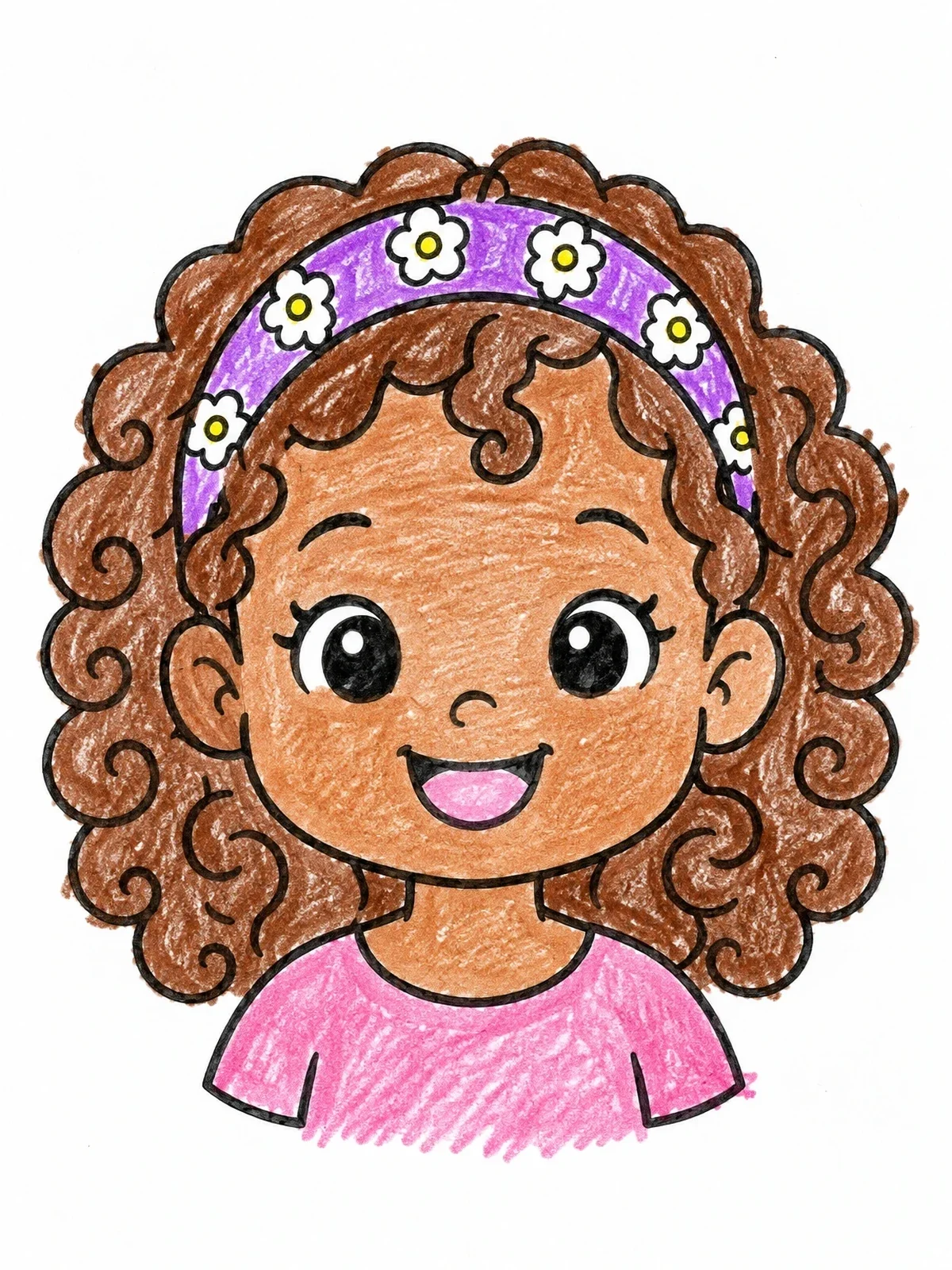Colored example of the Smiling Girl With Curly Hair coloring page