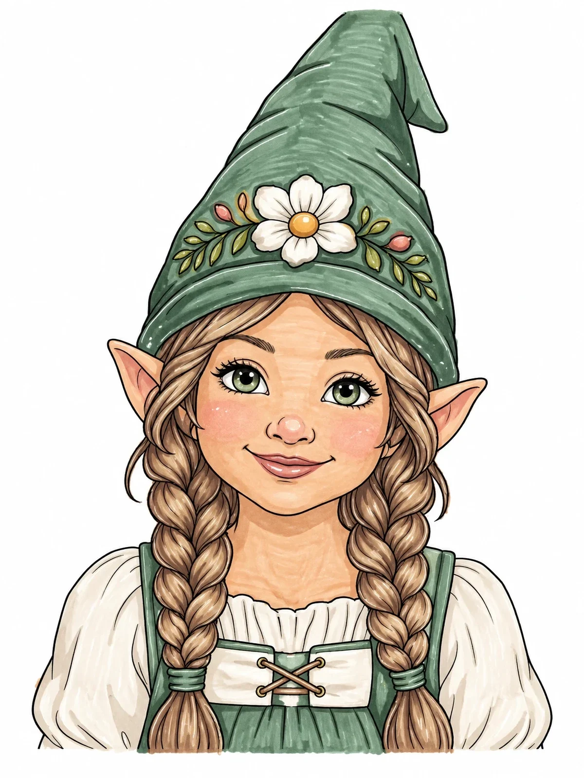Colored example of the Smiling Gnome Girl With Braids coloring page