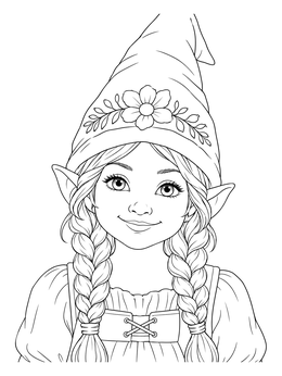 A cheerful girl gnome coloring page featuring braided hair and a floral hat.
