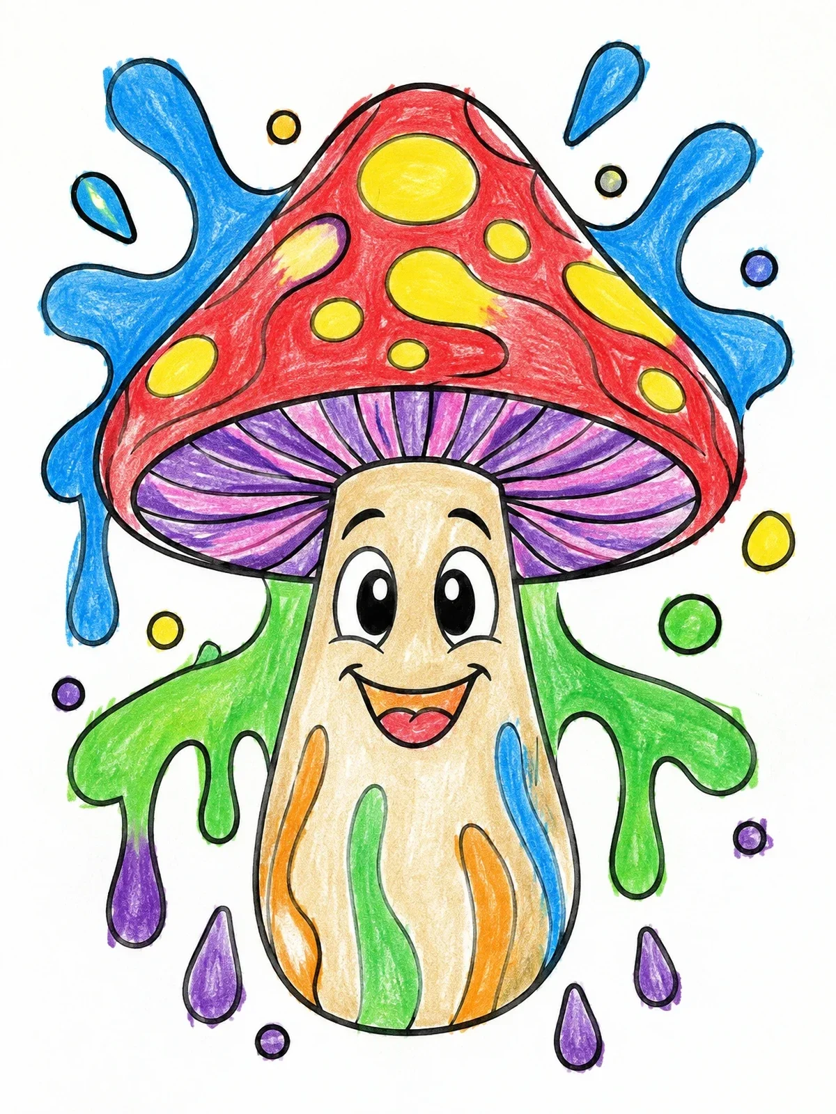 Colored example of the Smiling Graffiti Mushroom With Paint Drips coloring page