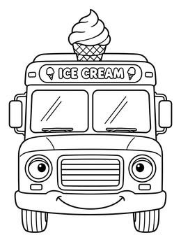 Front view of an ice cream truck coloring page with friendly face and cone on top.
