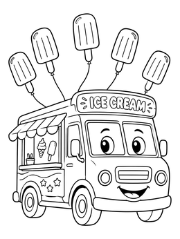 A friendly ice cream truck coloring page with popsicle balloons on top.