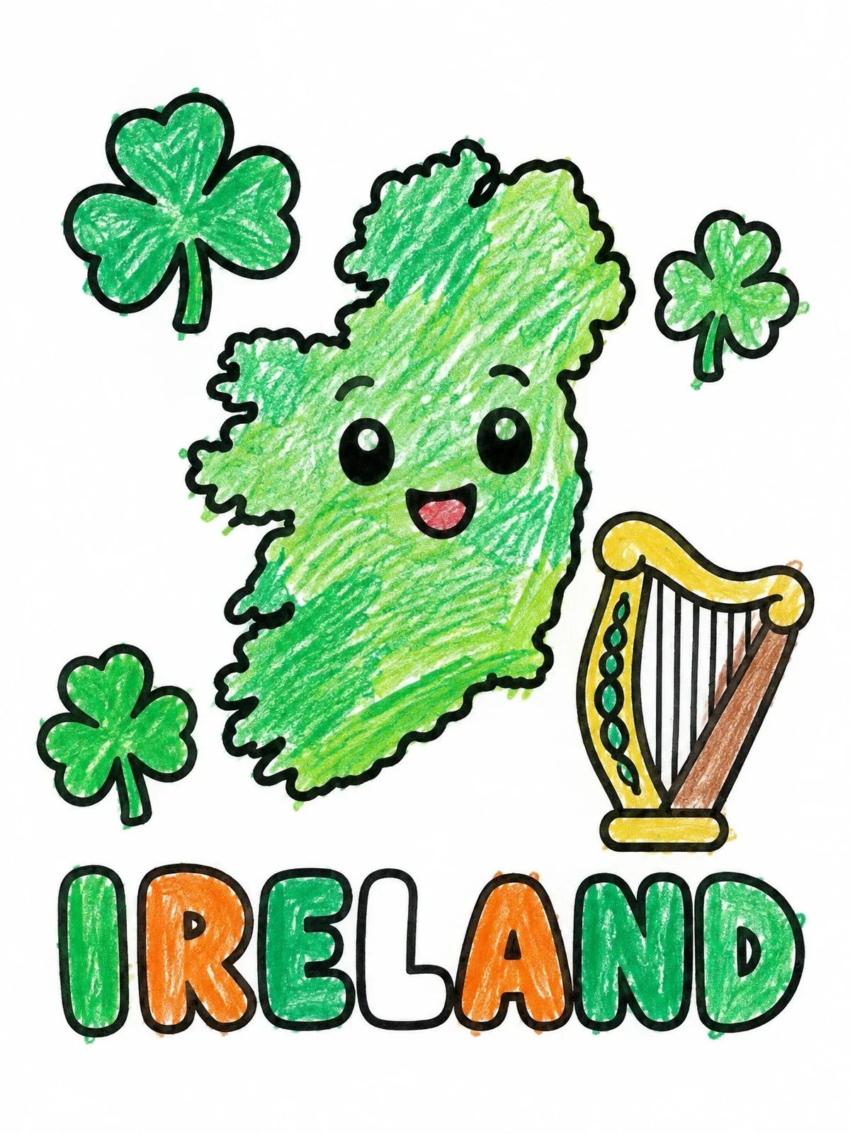 Colored example of the Smiling Ireland Map With Harp coloring page